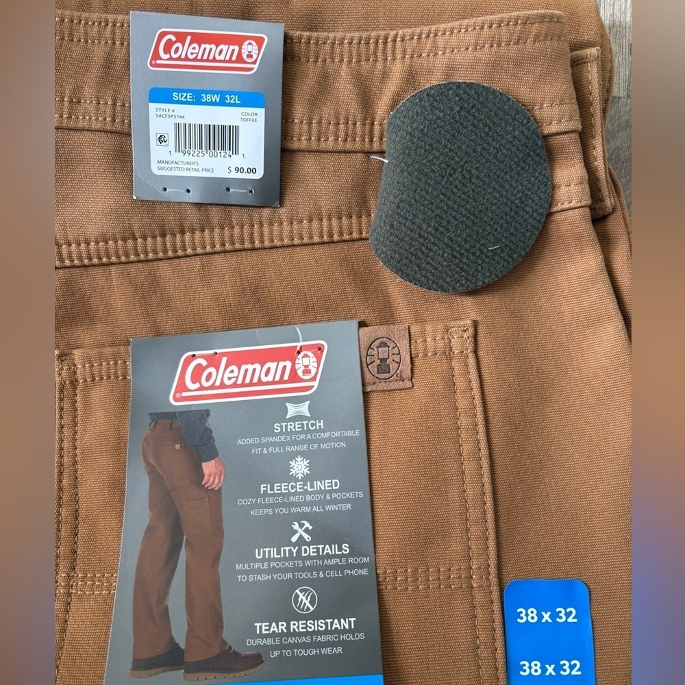 NWT Mens Coleman Canvas Fleece Lined Utility Pants Dark Khaki Size 38x32 - Picture 7 of 8